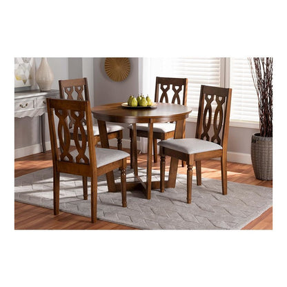 Grey Fabric Upholstered and Walnut Brown Finished Wood 5-Piece Dining Set
