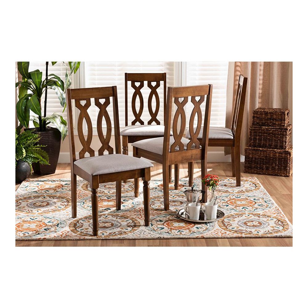 Grey Fabric Upholstered Walnut Brown Finished 4-Piece Wood Dining Chair Set
