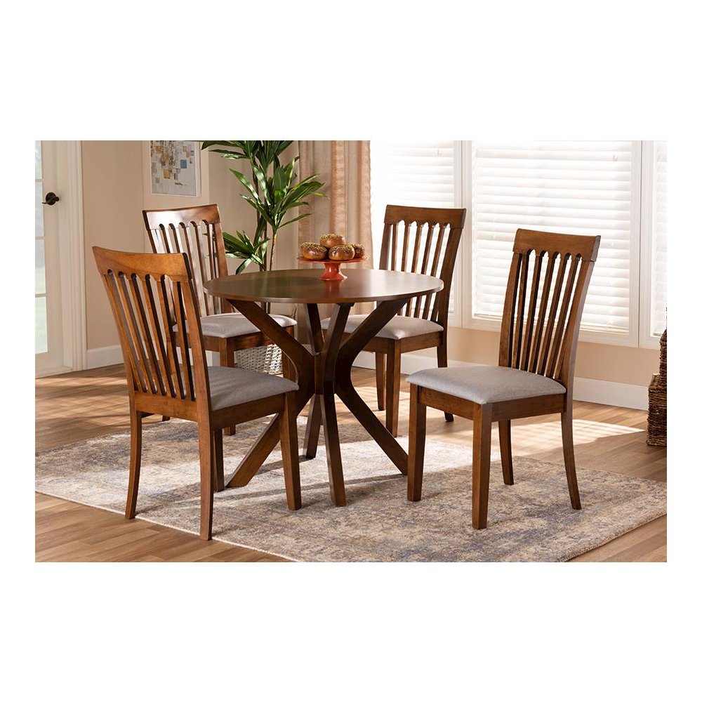 Grey Fabric Upholstered and Walnut Brown Finished Wood 5-Piece Dining Set
