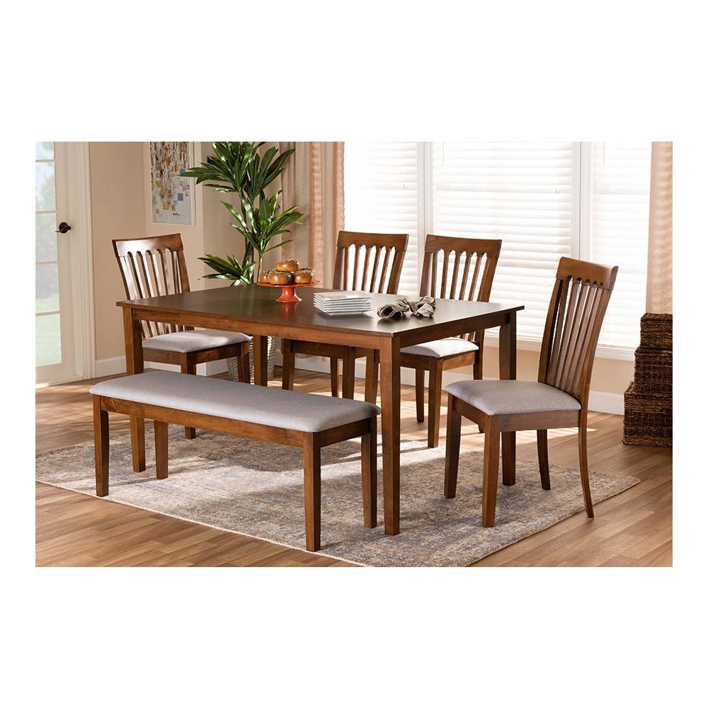 Grey Fabric Upholstered and Walnut Brown Finished Wood 6-Piece Dining Set