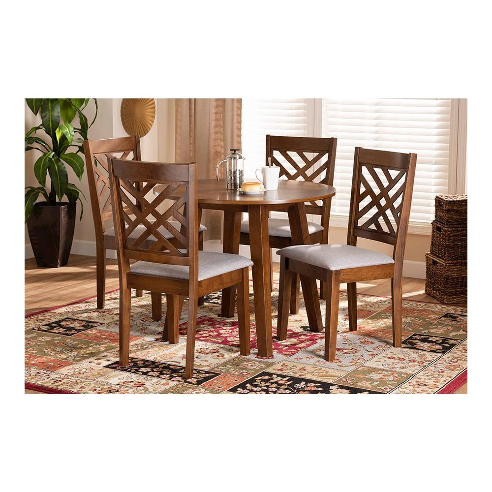 Grey Fabric Upholstered and Walnut Brown Finished Wood 5-Piece Dining Set