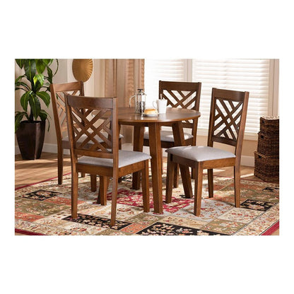 Grey Fabric Upholstered and Walnut Brown Finished Wood 5-Piece Dining Set