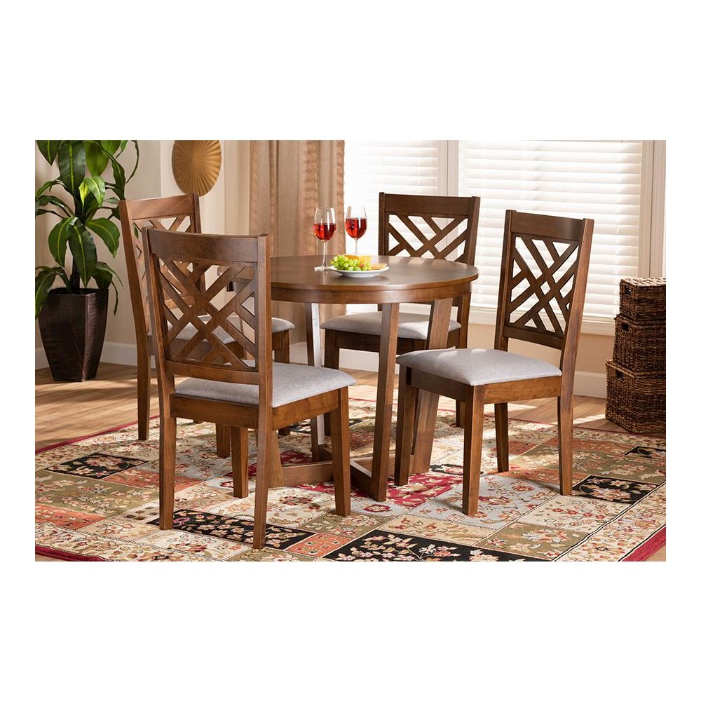 Grey Fabric Upholstered and Walnut Brown Finished Wood 5-Piece Dining Set