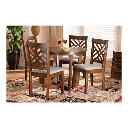 Grey Fabric Upholstered and Walnut Brown Finished Wood 5-Piece Dining Set