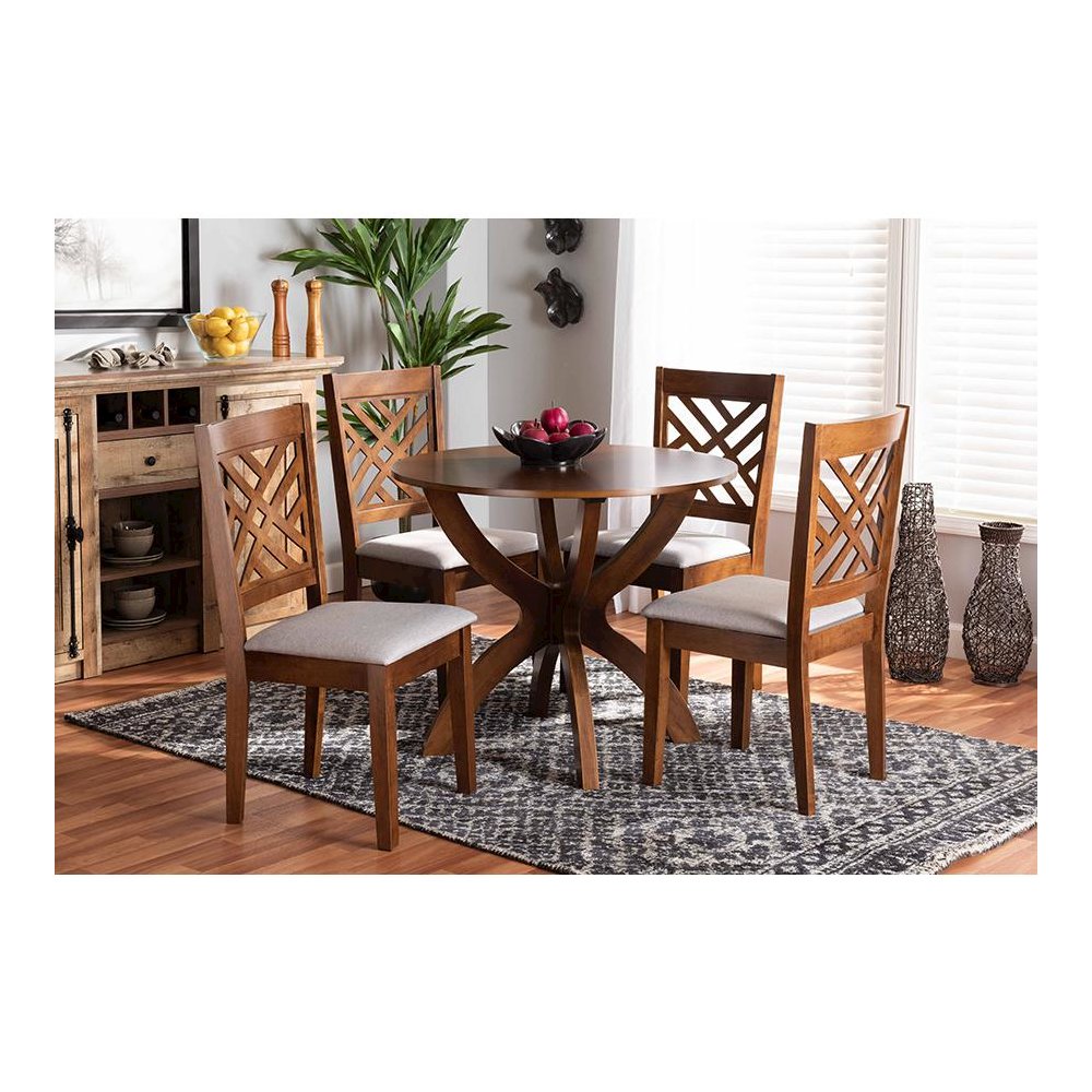 Grey Fabric Upholstered and Walnut Brown Finished Wood 5-Piece Dining Set