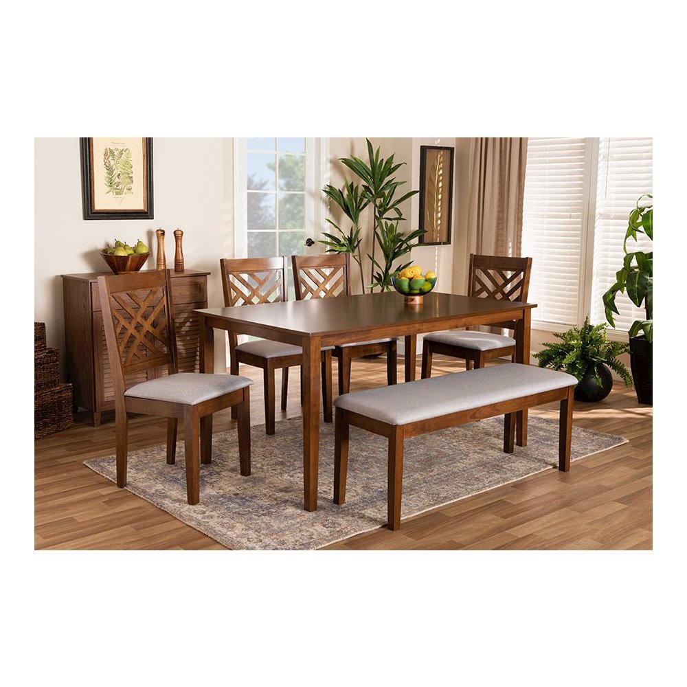Grey Fabric Upholstered and Walnut Brown Finished Wood 6-Piece Dining Set