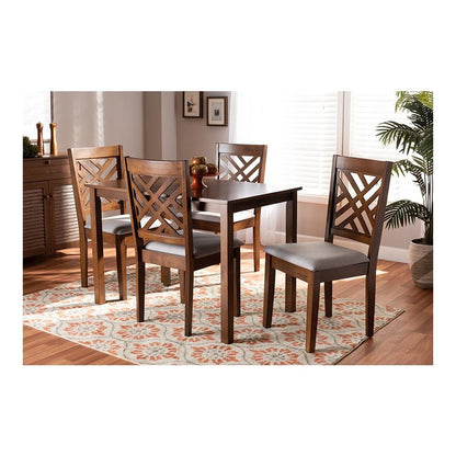 Grey Fabric Upholstered Walnut Brown Finished Wood 5-Piece Dining Set