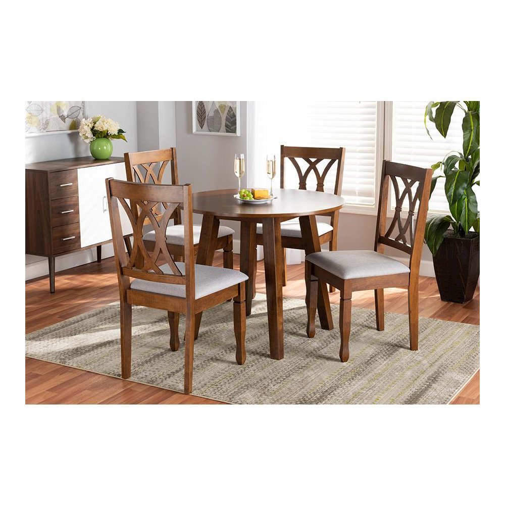 Grey Fabric Upholstered and Walnut Brown Finished Wood 5-Piece Dining Set