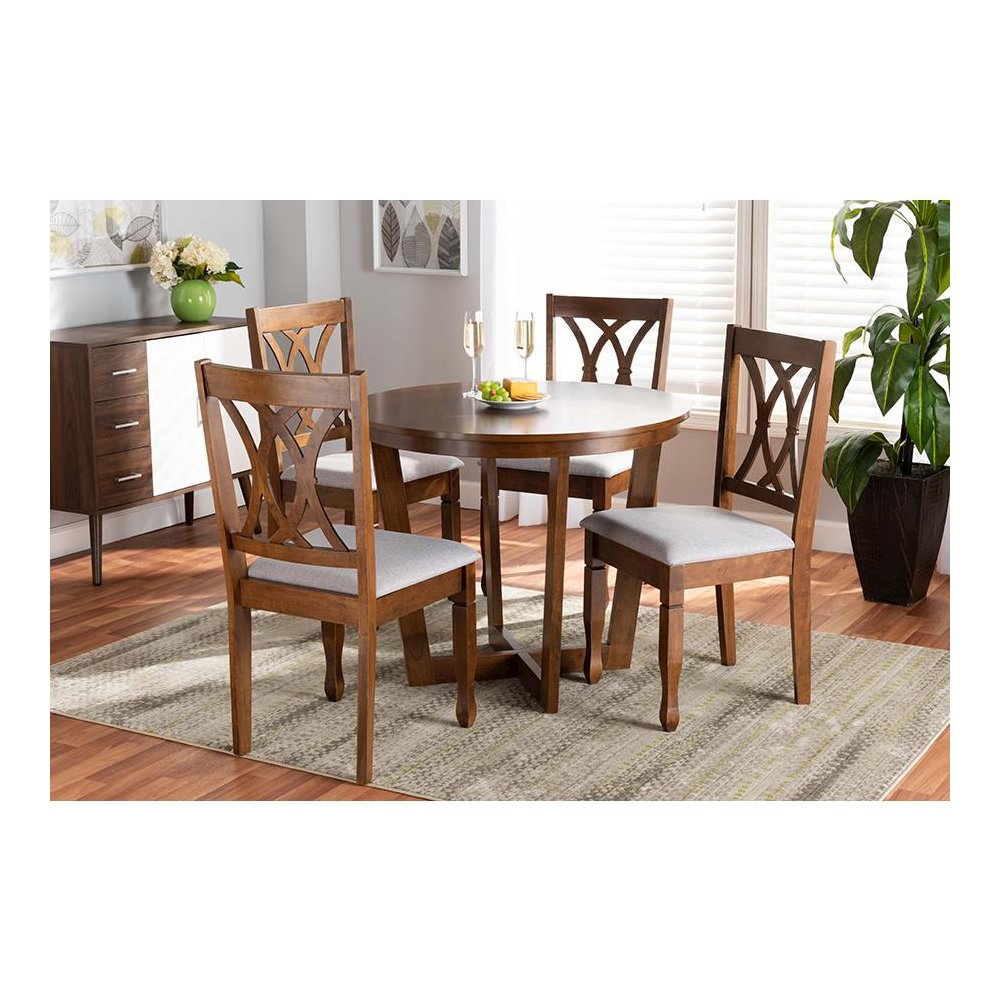 Grey Fabric Upholstered and Walnut Brown Finished Wood 5-Piece Dining Set