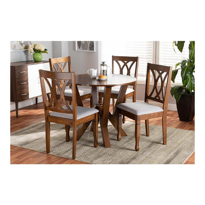 Grey Fabric Upholstered and Walnut Brown Finished Wood 5-Piece Dining Set