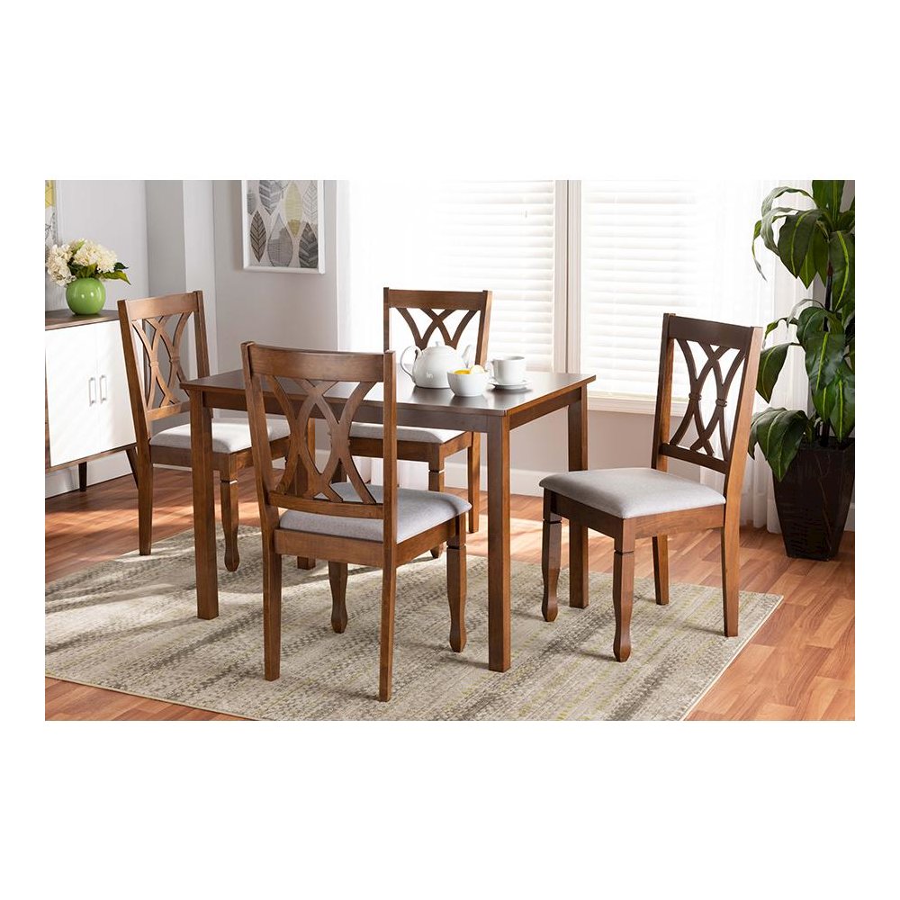 Grey Fabric Upholstered and Walnut Brown Finished Wood 5-Piece Dining Set