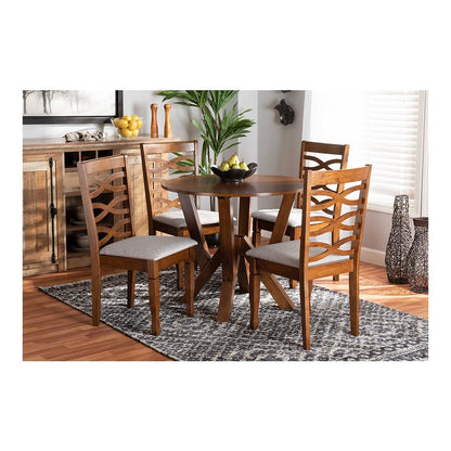 Grey Fabric Upholstered and Walnut Brown Finished Wood 5-Piece Dining Set