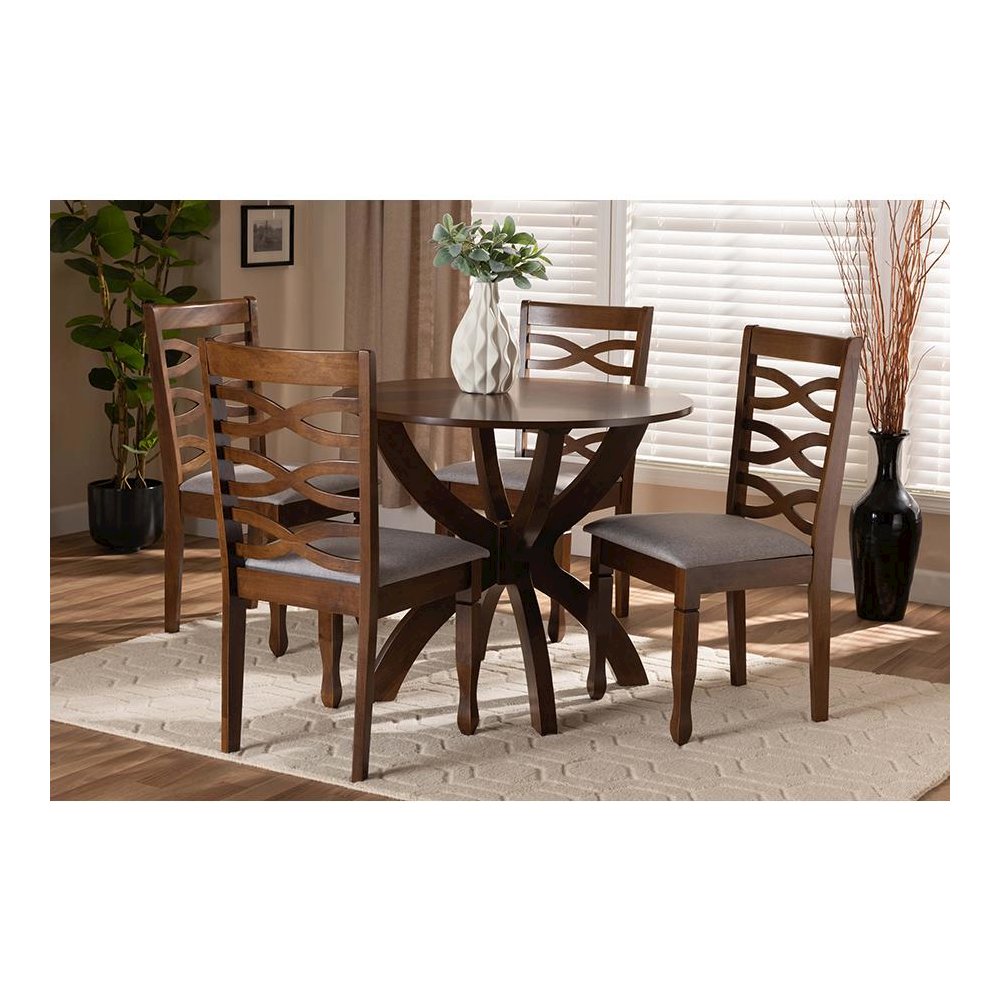 Grey Fabric Upholstered and Walnut Brown Finished Wood 5-Piece Dining Set