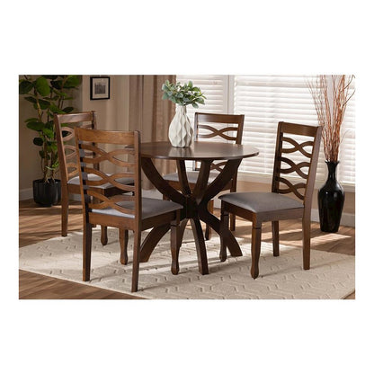 Grey Fabric Upholstered and Walnut Brown Finished Wood 5-Piece Dining Set