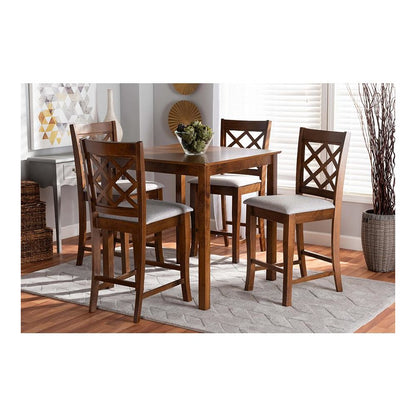 Grey Fabric Upholstered Walnut Brown Finished 5-Piece Wood Pub Set