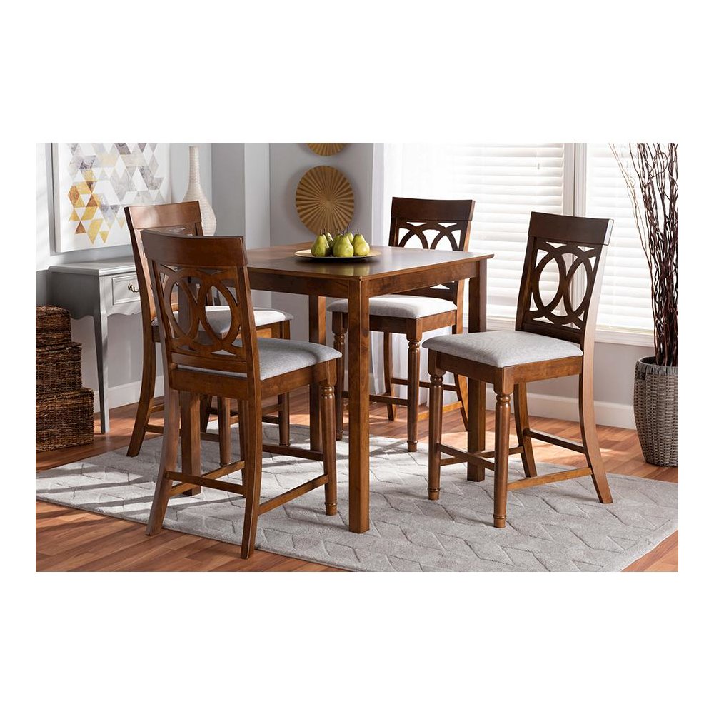 Grey Fabric Upholstered Walnut Brown Finished 5-Piece Wood Pub Set