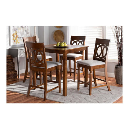 Grey Fabric Upholstered Walnut Brown Finished 5-Piece Wood Pub Set