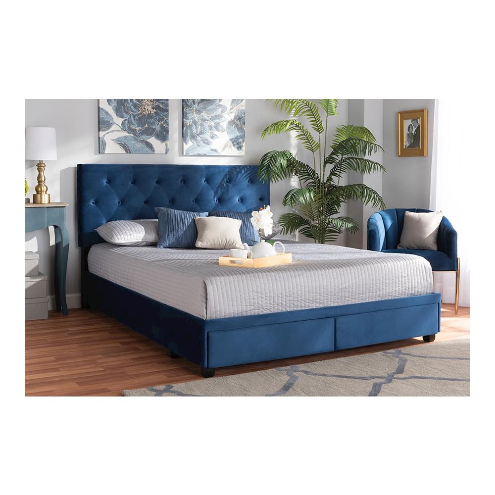Navy Blue Velvet Fabric Upholstered 2-Drawer Queen Size Platform Storage Bed