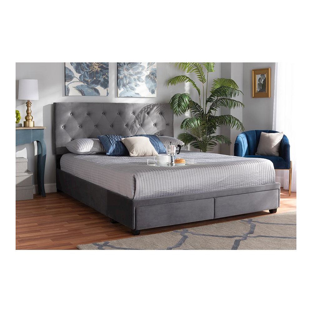 Grey Velvet Fabric Upholstered 2-Drawer Queen Size Platform Storage Bed