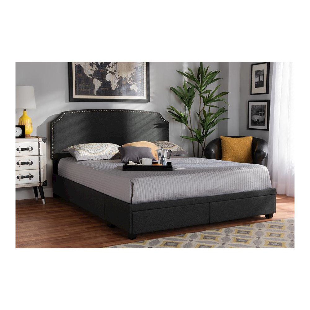 Larese Dark Grey Fabric Upholstered 2-Drawer Queen Size Platform Storage Bed