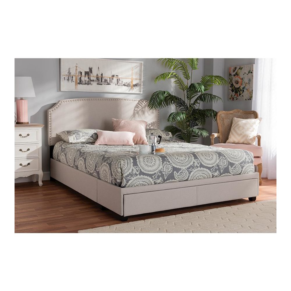 Larese Beige Fabric Upholstered 2-Drawer Queen Size Platform Storage Bed