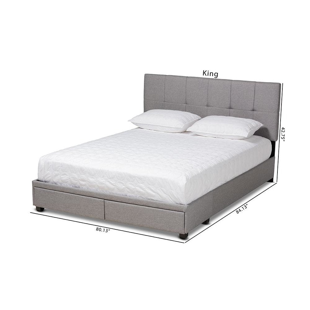 Netti Light Grey Fabric Upholstered 2-Drawer King Size Platform Storage Bed