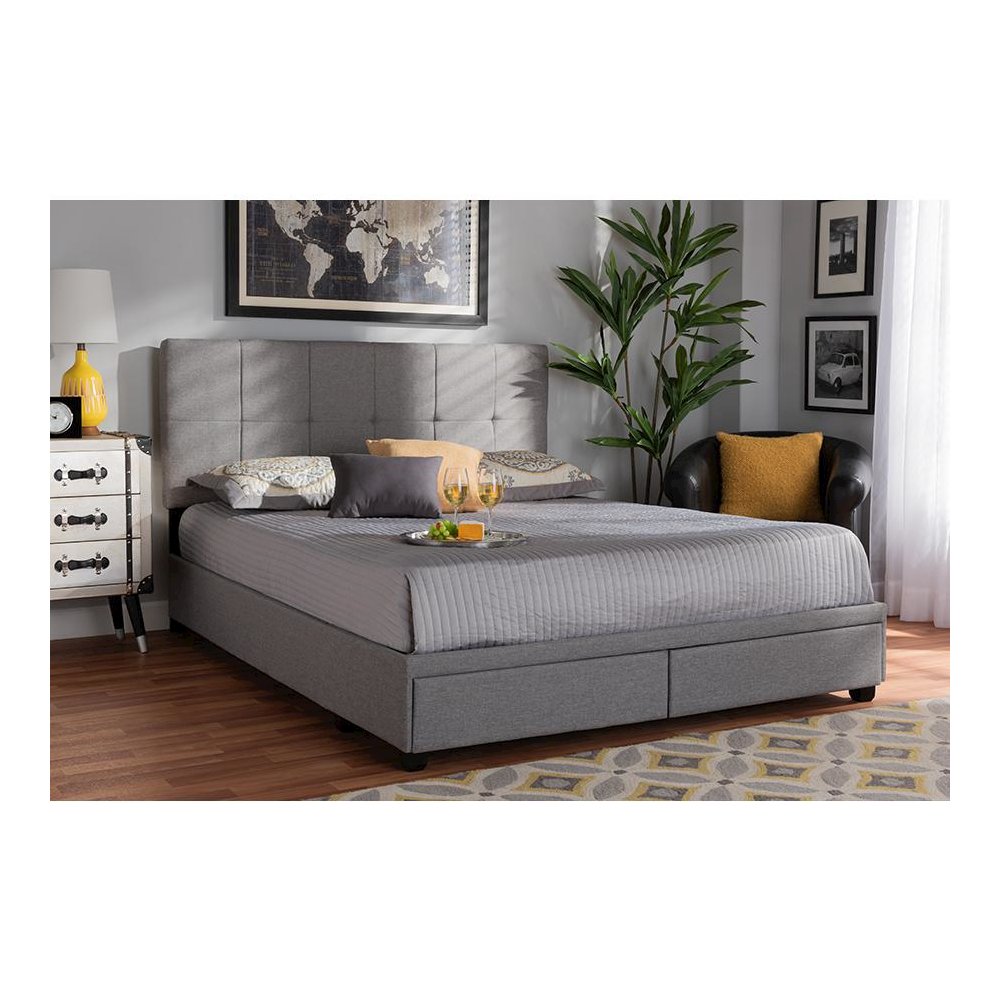 Netti Light Grey Fabric Upholstered 2-Drawer Queen Size Platform Storage Bed