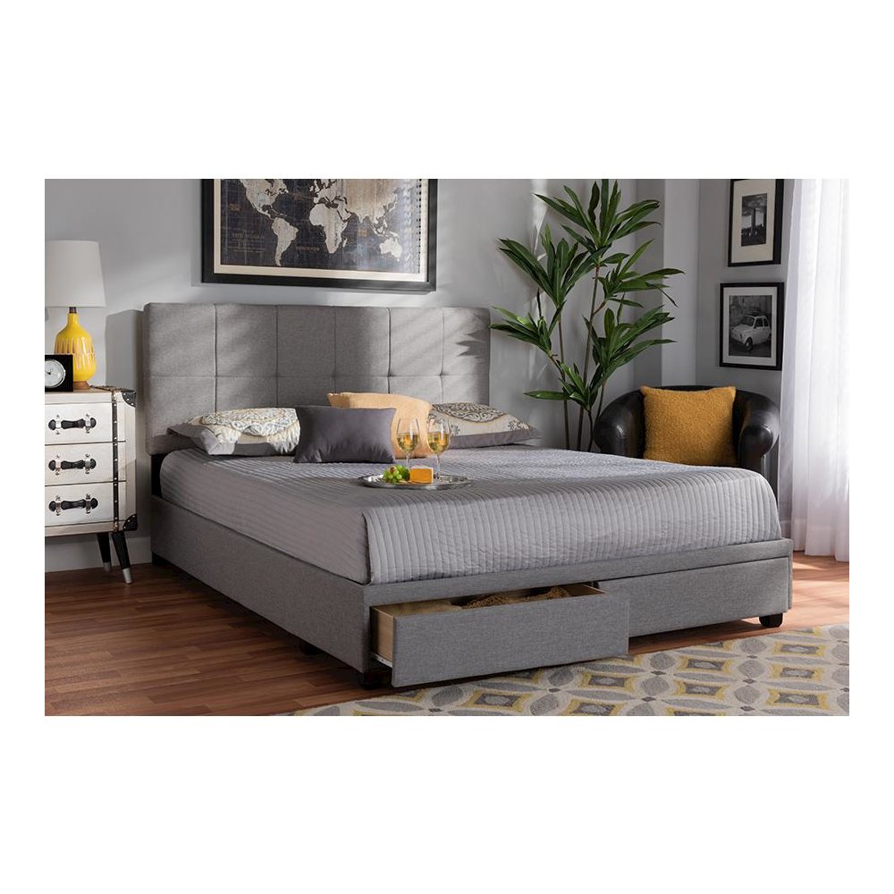 Netti Light Grey Fabric Upholstered 2-Drawer King Size Platform Storage Bed