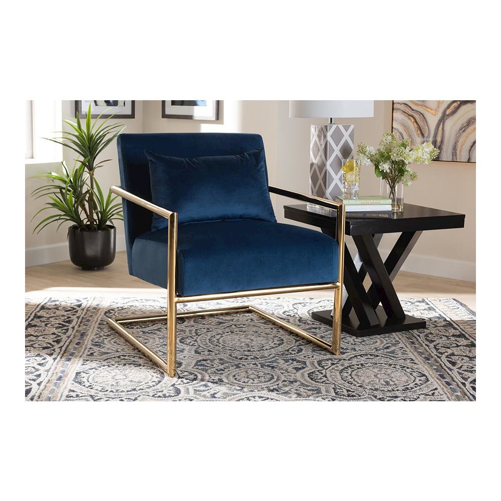 Luxe Navy Blue Velvet Fabric Upholstered Gold Finished Metal Lounge Chair