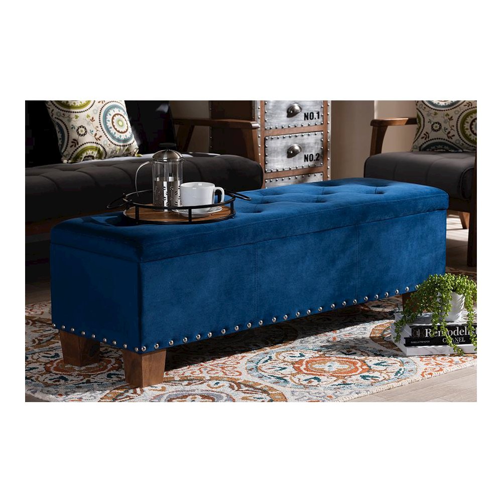 Navy Blue Velvet Fabric Upholstered Button-Tufted Storage Ottoman Bench