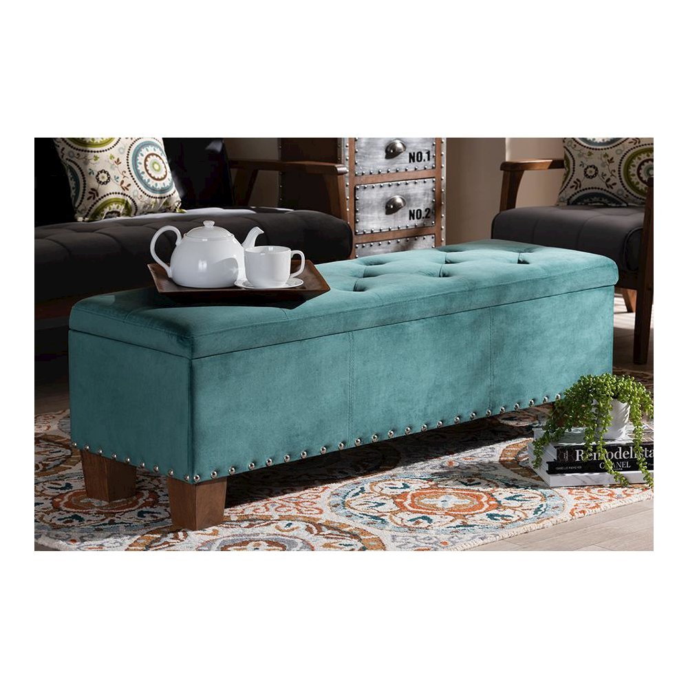 Teal Blue Velvet Fabric Upholstered Button-Tufted Storage Ottoman Bench