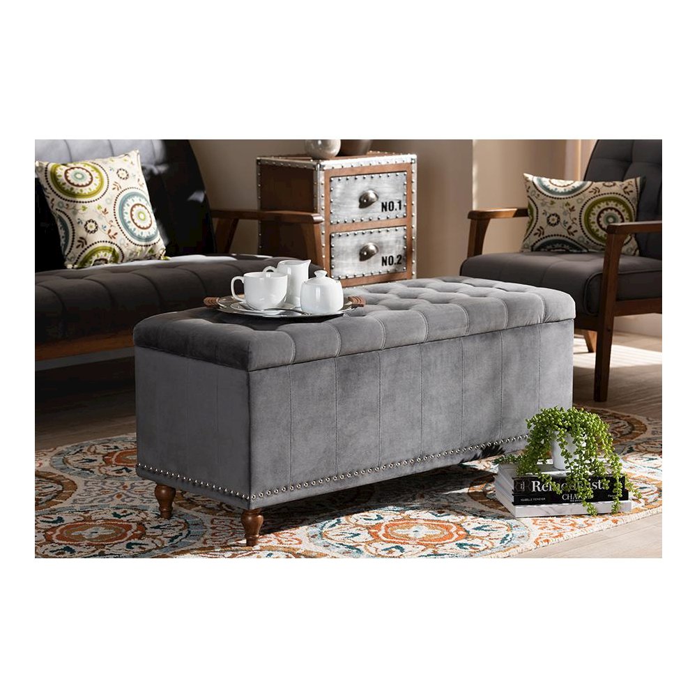 Grey Velvet Fabric Upholstered Button-Tufted Storage Ottoman Bench