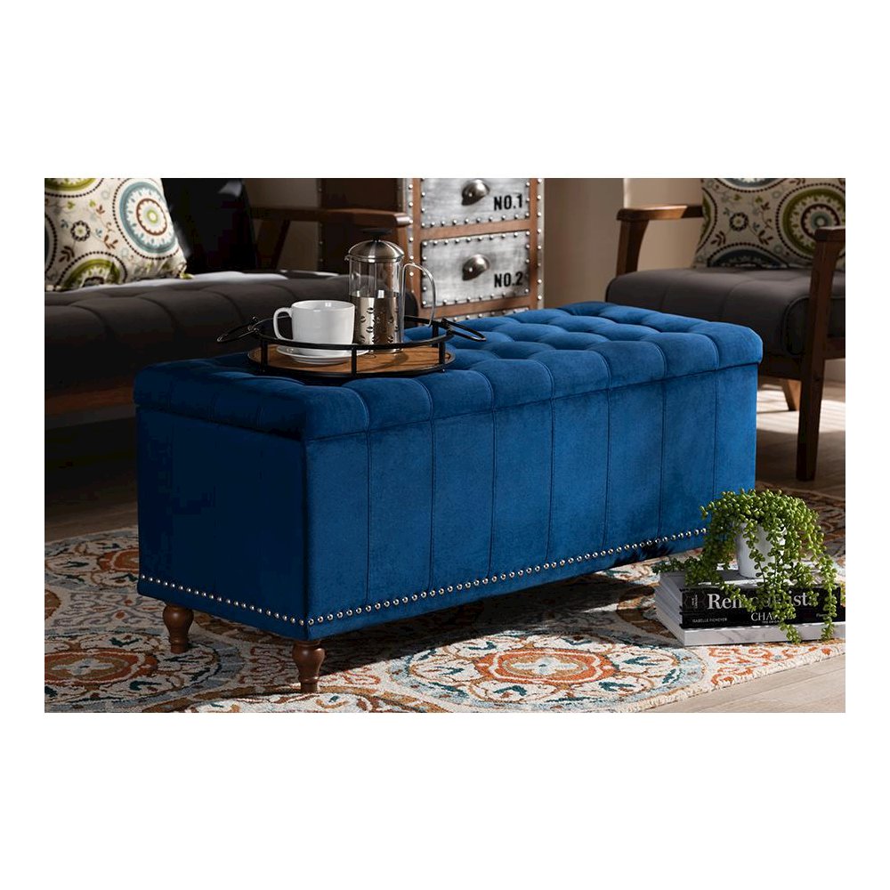 Navy Blue Velvet Fabric Upholstered Button-Tufted Storage Ottoman Bench