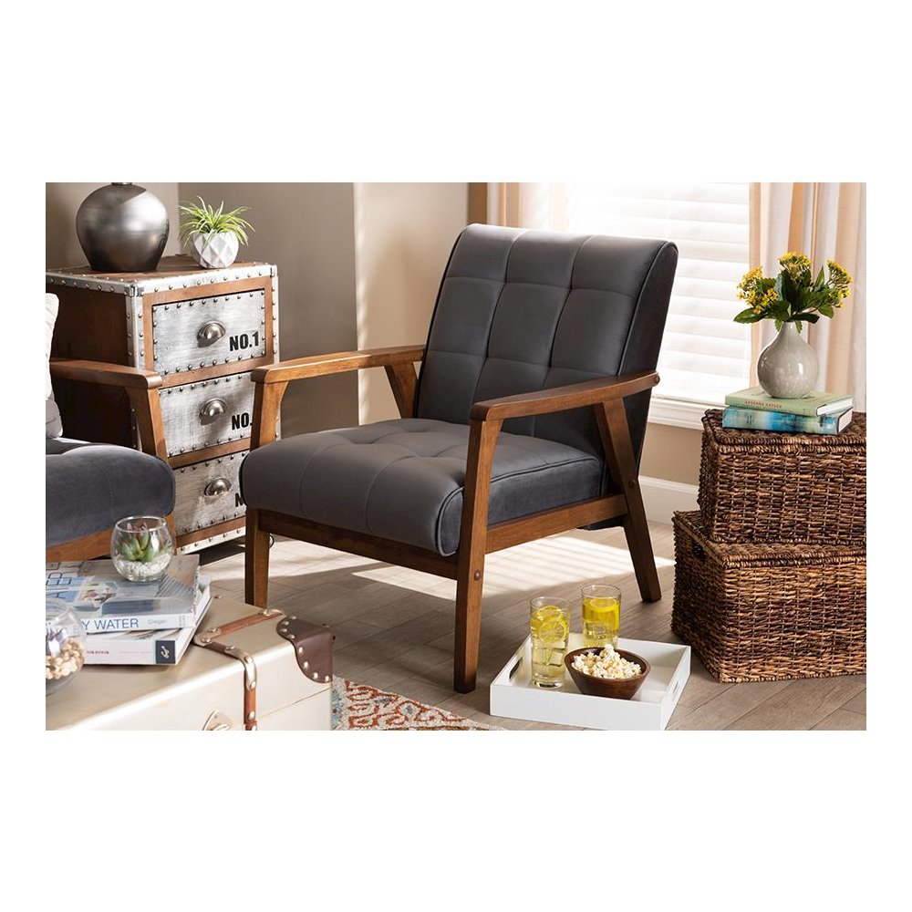 Grey Velvet Fabric Upholstered Walnut Finished Wood Armchair