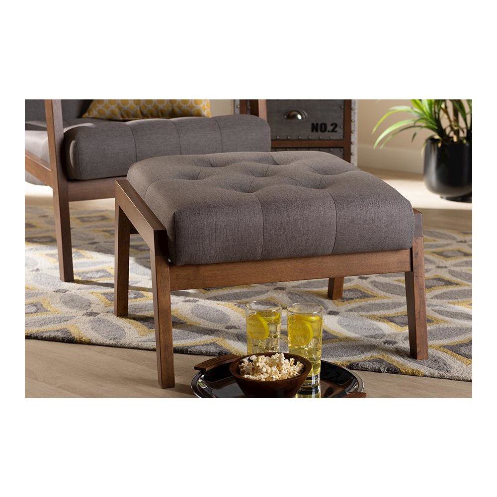 Naeva Mid-Century Modern Grey Fabric Upholstered Walnut Finished Wood Footstool