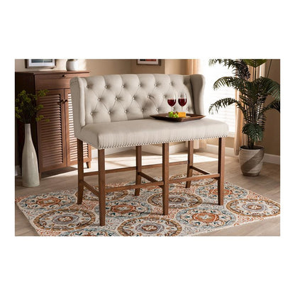 Beige Fabric Upholstered Walnut Finished Wood Button Tufted Bar Stool Bench