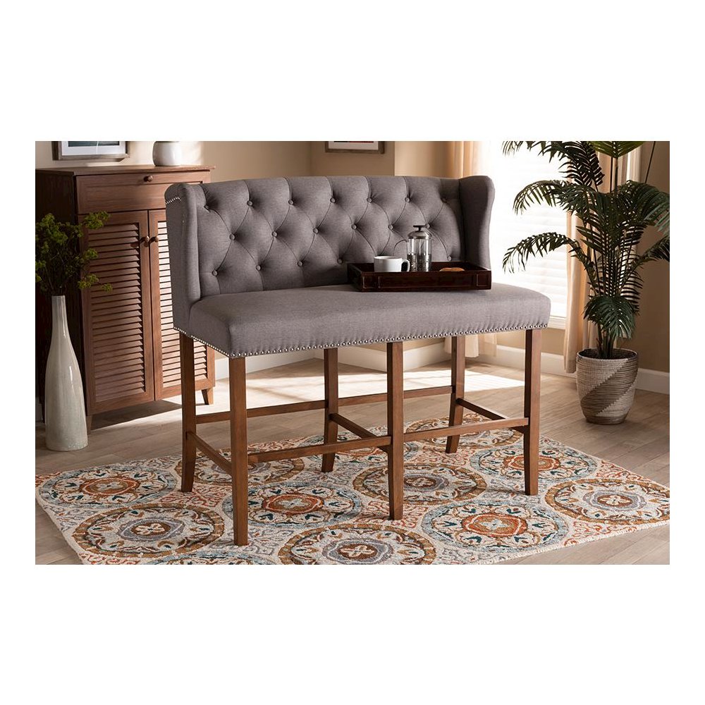 Grey Fabric Upholstered Walnut Finished Wood Button Tufted Bar Stool Bench