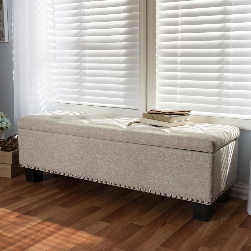 Beige Fabric Upholstered Button-Tufting Storage Ottoman Bench