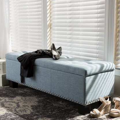 Light Blue Fabric Upholstered Button-Tufting Storage Ottoman Bench