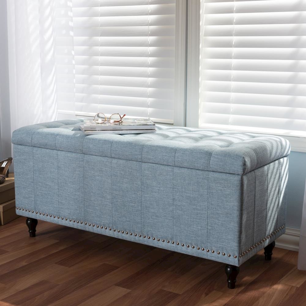 Classic Light Blue Fabric Upholstered Button-Tufting Storage Ottoman Bench