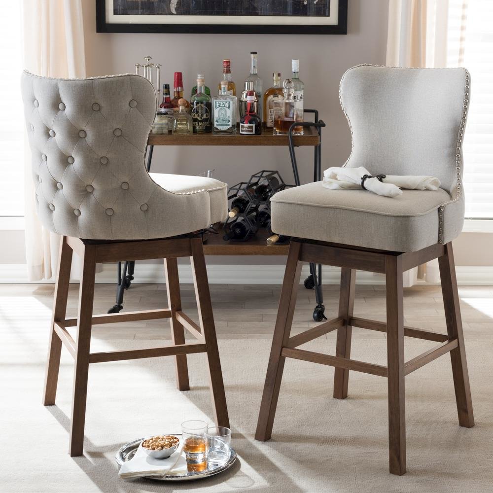 Light Beige Fabric Button-Tufted Upholstered 2-Piece Swivel Barstool Set