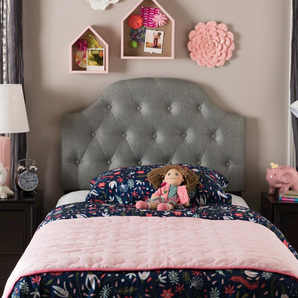 Grey Fabric Upholstered Button-Tufted Scalloped Twin Size Headboard