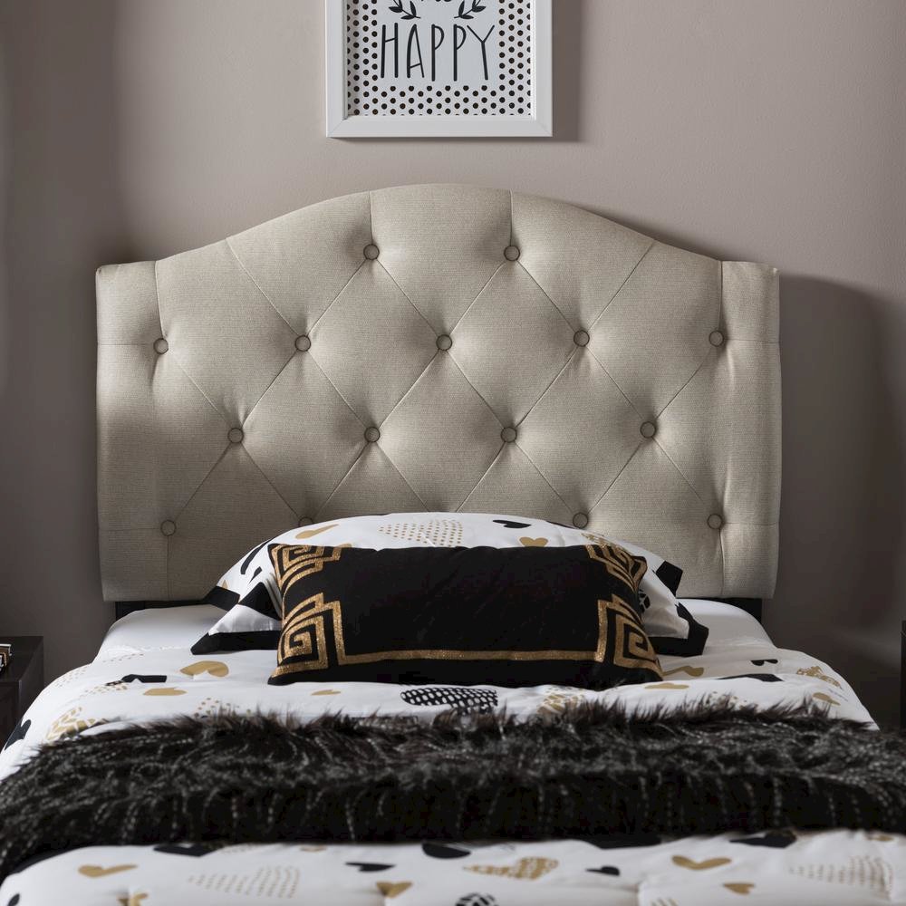 Light Beige Fabric Upholstered Button-Tufted Scalloped Twin Size Headboard