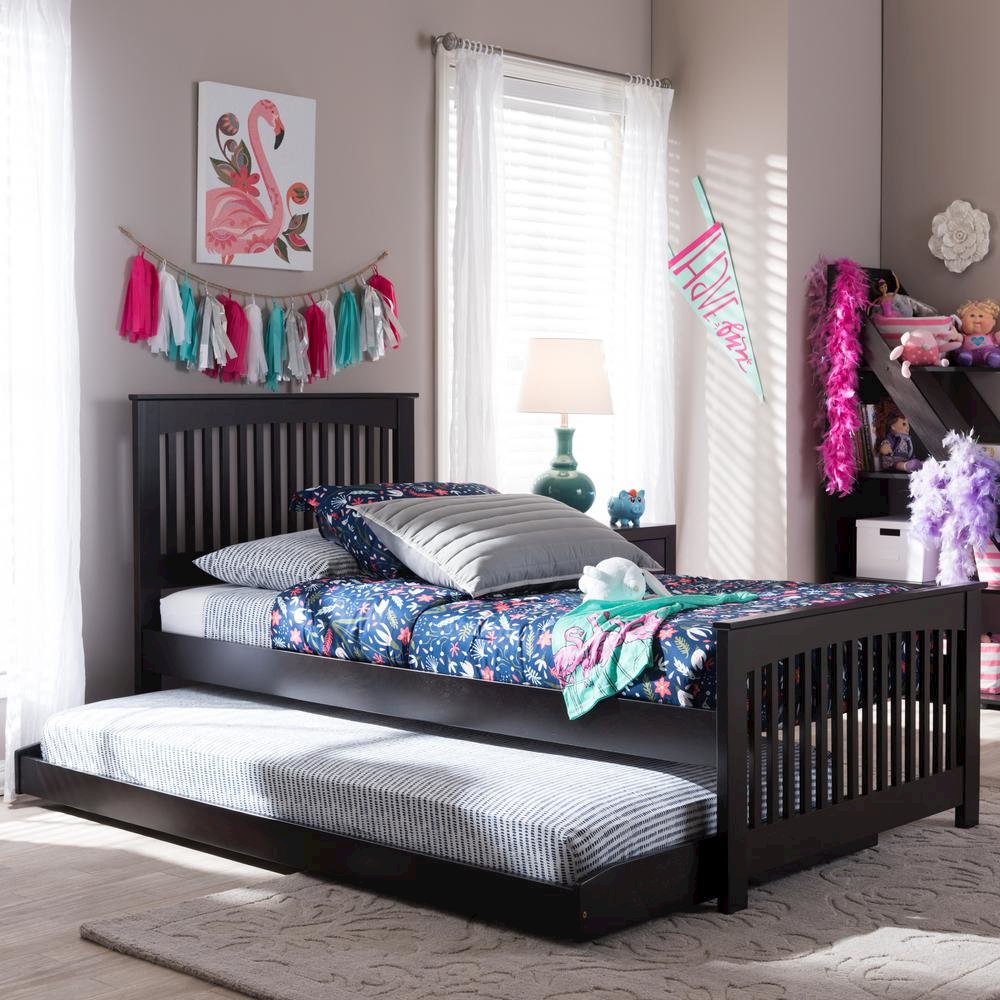 Hevea Twin Size Dark Brown Solid Wood Platform Bed with Guest Trundle Bed