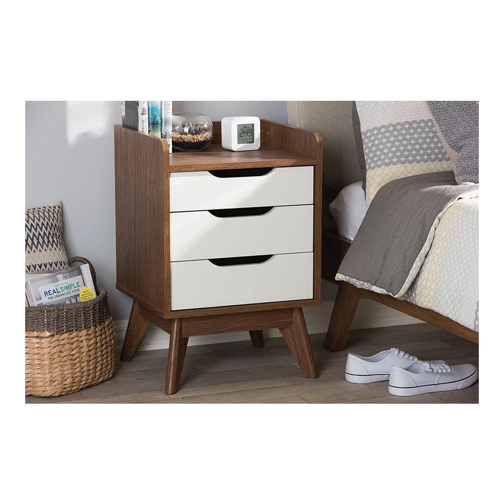 Brighton Mid-Century Modern White and Walnut Wood 3-Drawer Storage Nightstand