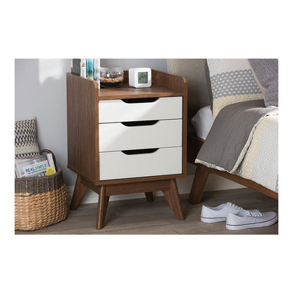 Brighton Mid-Century Modern White and Walnut Wood 3-Drawer Storage Nightstand