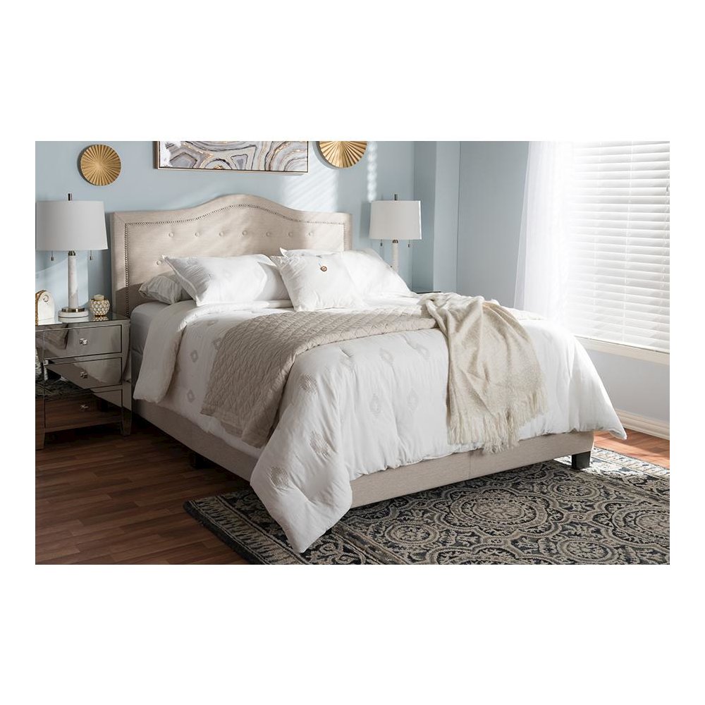 Emerson Modern and Contemporary Light Beige Fabric Upholstered Full Size Bed