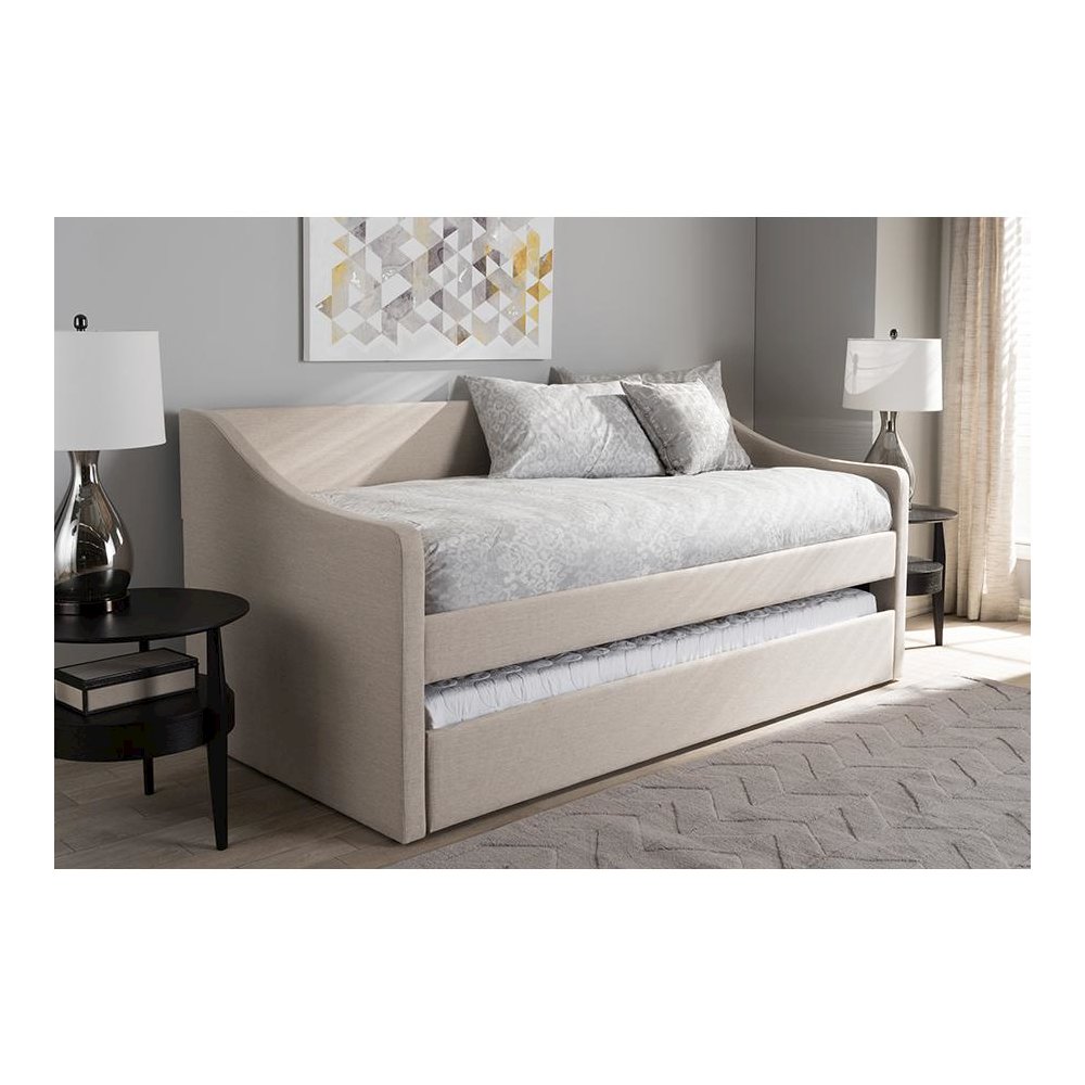 Beige Fabric Upholstered Daybed with Guest Trundle Bed
