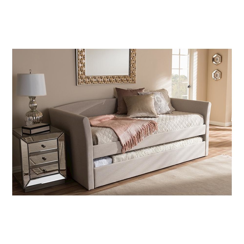 Beige Fabric Upholstered Daybed with Guest Trundle Bed