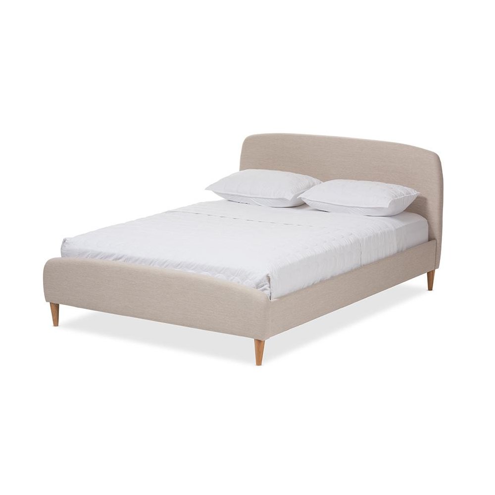 Mia Mid-Century Light Beige Fabric Upholstered Queen Size Platform Bed